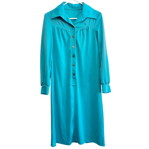 Dresses & Skirts - Vintage 70s Blue Dagger Collar Button Front Midi shirt-Dress Long Sleeve